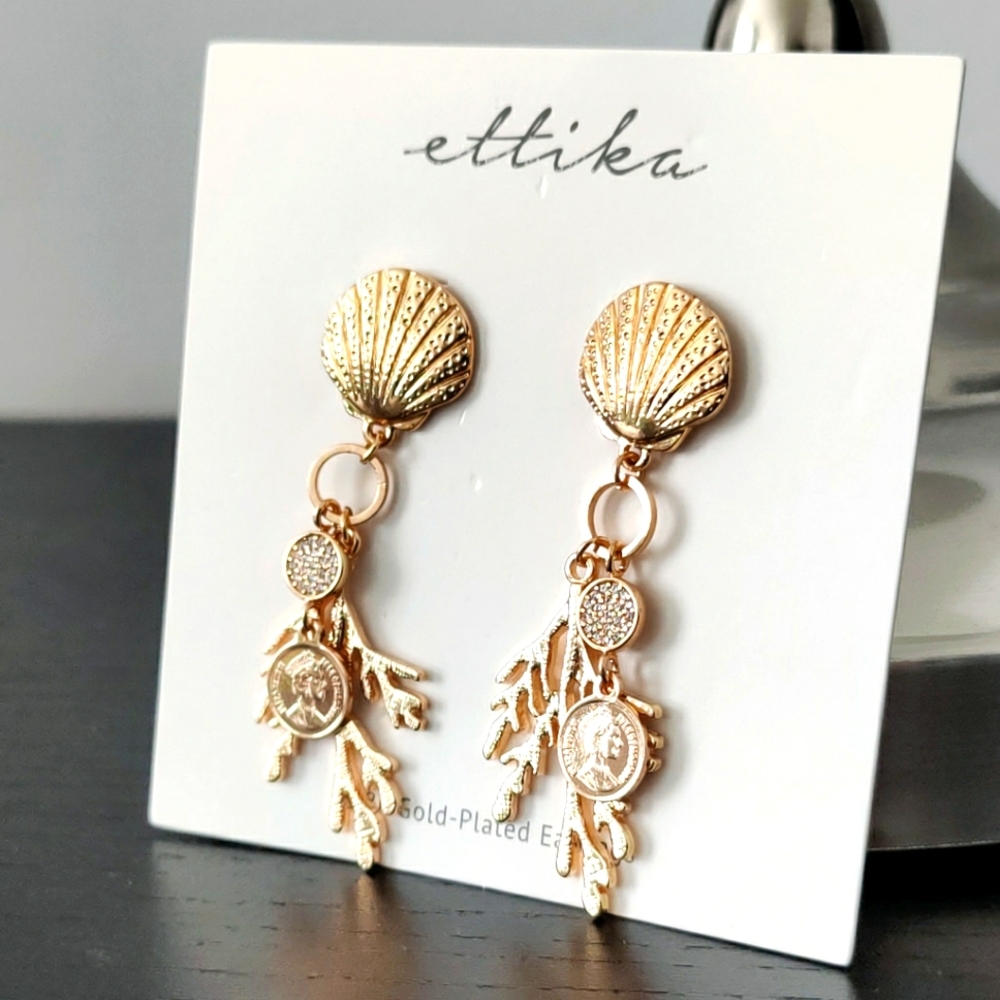 Ettika Seashell Coral & Coin Summer Drop Earrings 18K Gold